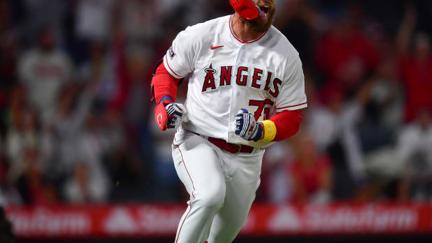 Sep 5, 2023; Anaheim, California, USA; Los Angeles Angels first baseman Trey Cabbage (75) reacts after hitting an RBI single against the Baltimore Orioles during the eighth inning at Angel Stadium. Mandatory Credit: Gary A. Vasquez-USA TODAY Sports