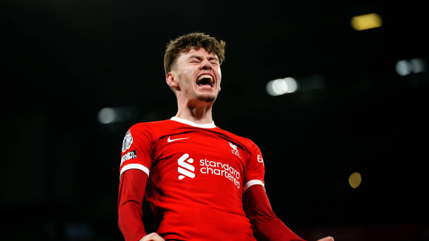 Conor Bradley pictured celebrating after scoring the first goal of his Liverpool career in a 4-1 win over Chelsea in January 2024