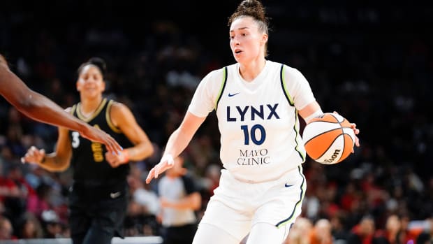 Minnesota Lynx forward Jessica Shepard (10) dribbles the ball against the Las Vegas Aces during the second quarter at Michelob Ultra Arena in Las Vegas on May 28, 2023.
