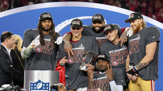 Jan 28, 2024; Santa Clara, California, USA; (Left to right) San Francisco 49ers linebacker Fred Warner (54), quarterback Brock Purdy (13), offensive tackle Trent Williams (71), wide receiver Deebo Samuel (19), running back Christian McCaffrey (23), tight end George Kittle (85) celebrate after winning the NFC Championship football game against the Detroit Lions at Levi's Stadium. Mandatory Credit: Kyle Terada-USA TODAY Sports