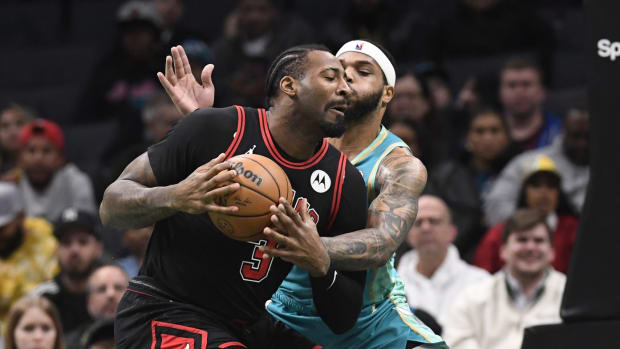 Charlotte Hornets forward Miles Bridges (0) goes after the ball in possession of Chicago Bulls center Andre Drummond (3) during the first half at the Spectrum Center. 