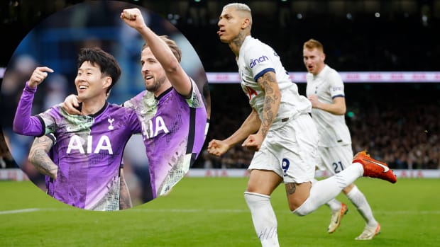 An image of Son Heung-min (left) and Harry Kane taken in February 2022 alongside a photo of Richarlison celebrating a goal during Tottenham's 3-2 win over Brentford in January 2024