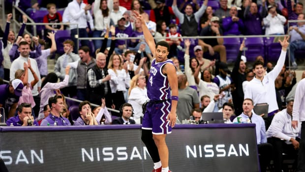 Jan 30, 2024; Fort Worth, Texas, USA; TCU Horned Frogs guard Jameer Nelson Jr. (4) reacts after scoring against the Texas Tech Red Raiders during the second half at Ed and Rae Schollmaier Arena. 