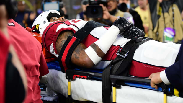 Jan 17, 2022; Inglewood, California, USA; Arizona Cardinals safety Budda Baker (3) is carried on a stretcher after suffering an injury against the Los Angeles Rams during the second half in the NFC Wild Card playoff football game at SoFi Stadium.