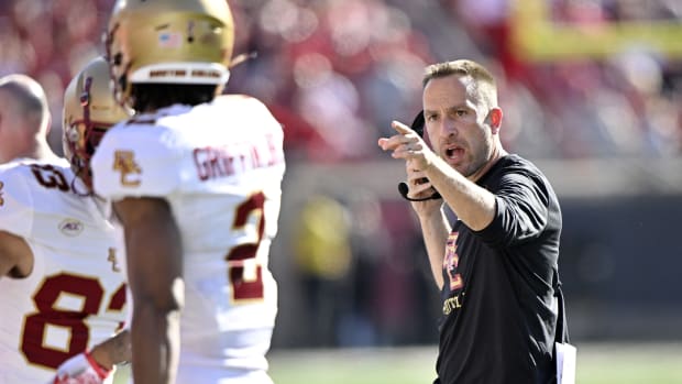 Sep 23, 2023; Louisville, Kentucky, USA; Boston College Eagles head coach Jeff Hafley yells instructions to his players during the first half against the Louisville Cardinals at L&N Federal Credit Union Stadium.