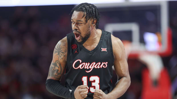 Houston Cougars forward J'Wan Roberts (13) reacts after a play during the first half against the Kansas State Wildcats at Fertitta Center.