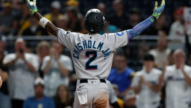Sep 30, 2023; Pittsburgh, Pennsylvania, USA; Miami Marlins center fielder Jazz Chisholm Jr. (2) reacts to the Miami fans in attendance as he crosses home plate on a solo home run against the Pittsburgh Pirates during the third inning at PNC Park.
