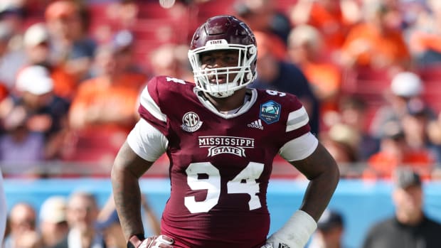 Mississippi State Bulldogs defensive tackle Jaden Crumedy (94) looks on during a break in play against the Illinois Fighting Illini in the first quarter during the 2023 ReliaQuest Bowl at Raymond James Stadium.