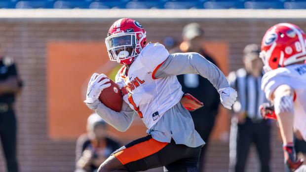 Jan 31, 2024; Mobile, AL, USA; American wide receiver Marcus Rosemy-Jacksaint of Georgia (1) runs the ball after a catch during practice for the American team at Hancock Whitney Stadium.