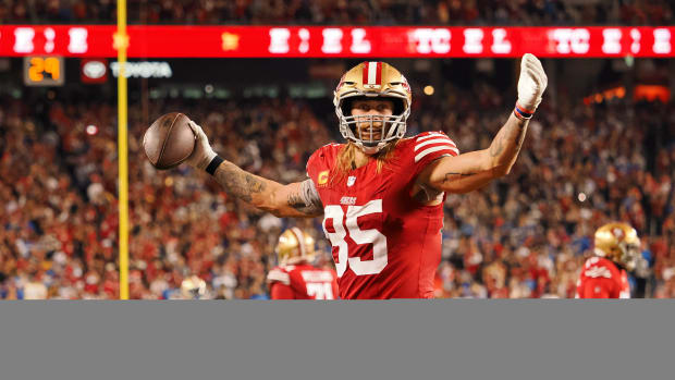 Jan 28, 2024; Santa Clara, California, USA; San Francisco 49ers tight end George Kittle (85) reacts after a play against the Detroit Lions during the second half of the NFC Championship football game at Levi's Stadium. Mandatory Credit: Kelley L Cox-USA TODAY Sports
