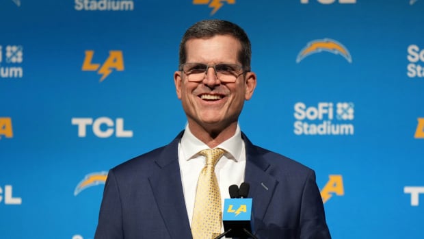 Los Angeles Chargers coach Jim Harbaugh at his introductory press conference.