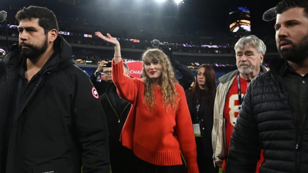 Taylor Swift on the field in Baltimore after the Kansas City Chiefs’ AFC championship win.