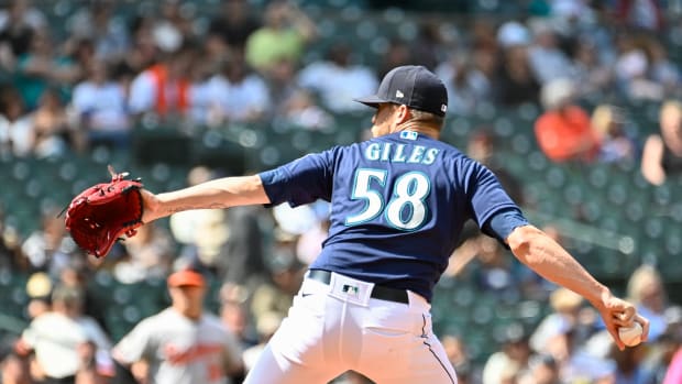 Jun 29, 2022; Seattle, Washington, USA; Seattle Mariners relief pitcher Ken Giles (58) pitches to the Baltimore Orioles during the eighth inning at T-Mobile Park.