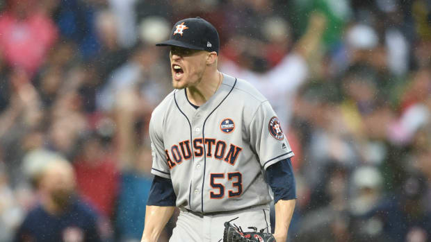 Oct 9, 2017; Boston, MA, USA; Houston Astros relief pitcher Ken Giles (53) celebrates after game four of the 2017 ALDS playoff baseball series against the Boston Red Sox at Fenway Park. Mandatory Credit: Bob DeChiara-USA TODAY Sports
