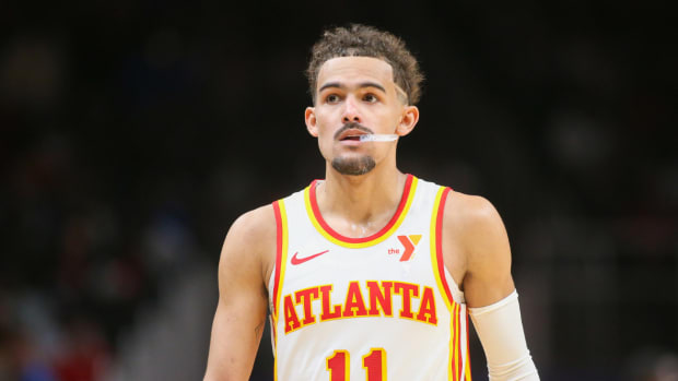 Atlanta Hawks guard Trae Young (11) in action against the Dallas Mavericks in the second half at State Farm Arena.