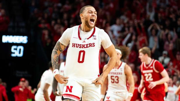 Nebraska Cornhuskers guard C.J. Wilcher (0) celebrates after a three-point shot against the Wisconsin Badgers during the second half at Pinnacle Bank Arena.