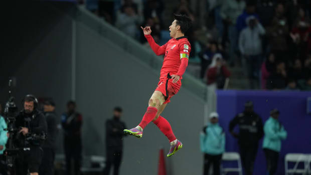 Son Heung-min pictured celebrating after scoring a match-winning free-kick goal for South Korea against Australia in the quarter-finals of the AFC Asian Cup in February 2024