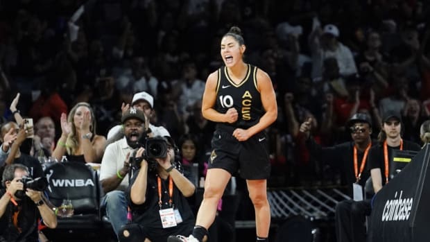 Sep 13, 2022; Las Vegas, Nevada, USA; Las Vegas Aces guard Kelsey Plum (10) reacts during the third quarter against the Connecticut Sun in game two of the WNBA Finals at Michelob Ultra Arena.