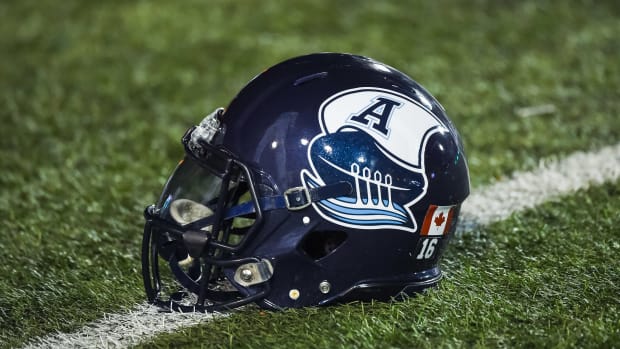 Oct 22, 2021; Montreal, Quebec, CAN; view of a Toronto Argonauts helmet on the field before the first quarter during a Canadian Football League game at Molson Stadium. Mandatory Credit: David Kirouac-USA TODAY Sports