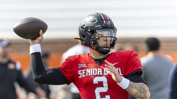 Feb 1, 2024; Mobile, AL, USA; American quarterback Spencer Rattler of South Carolina (2) throws the ball during practice for the American team at Hancock Whitney Stadium. Mandatory Credit: Vasha Hunt-USA TODAY Sports  