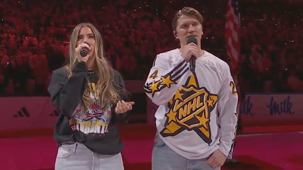 Canadian country music duo The Reklaws sing the Canadian National Anthem before the 2024 NHL All-Star Game on Feb. 3, 2024.
