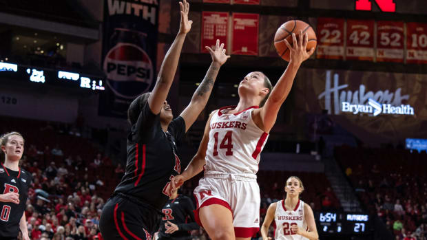 Nebraska sophomore guard Callin Hake scores on a layup after making a steal during the second quarter against Rutgers.