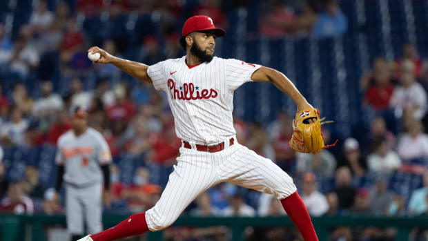 Sep 21, 2021; Philadelphia, Pennsylvania, USA; Philadelphia Phillies relief pitcher Adonis Medina (77) throws a pitch during the first inning against the Baltimore Orioles at Citizens Bank Park.