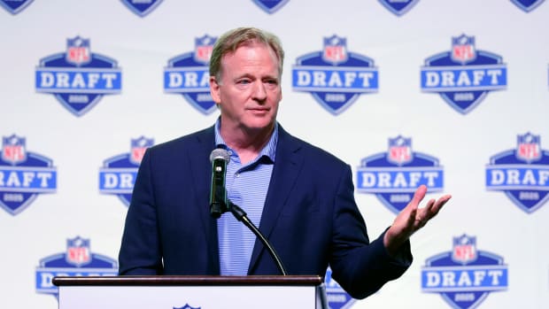 NFL Commissioner Roger Goodell speaks Aug. 14, 2023 at Johnsonville Tailgate Village in Green Bay during a promotional event for the 2025 NFL Draft, which will be held in and around Lambeau Field.