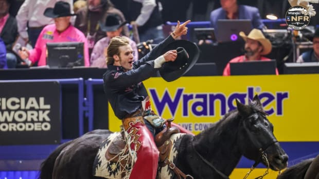 Leighton Berry is fired up after winning Round 4 of the 2024 Wrangler National Finals Rodeo.