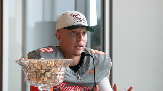Former Oklahoma/South Carolina QB and game Most Valuable Player Spencer Rattler (2) answers questions during the Reese's Senior Bowl post-game press conference in Mobile, Alabama, on Saturday, Feb. 3, 2024.
