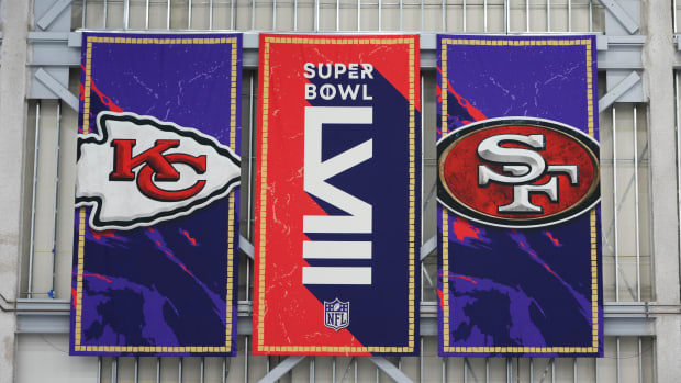 Feb 4, 2024; Las Vegas, NV, USA; A banner featuring Kansas City Chiefs and San Francisco 49ers logos during Super Bowl 58 team arrivals at the Harry Reid International Airport. Mandatory Credit: Kirby Lee-USA TODAY Sports
