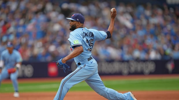 Toronto Blue Jays relief pitcher Jay Jackson throws a pitch against the Washington Nationals during the ninth inning at Rogers Centre. (2023)