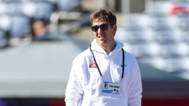 Feb 2, 2024; Orlando, FL, USA; NFC head coach Eli Manning participates in the AFC versus NFC Pro Bowl practice and media day at Camping World Stadium.