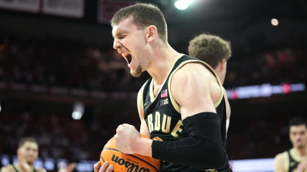 Purdue Boilermakers guard Braden Smith (3) reacts to Purdue Boilermakers causing a turnover against Wisconsin Badgers during the second half at the Kohl Center.