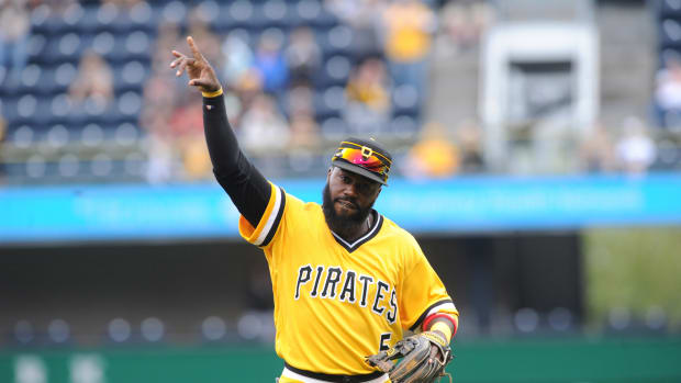 Sep 23, 2018; Pittsburgh, PA, USA; Pittsburgh Pirates second baseman Josh Harrison (5) acknowledges the fans at PNC Park after being pulled in the eighth inning against the Milwaukee Brewers at PNC Park.