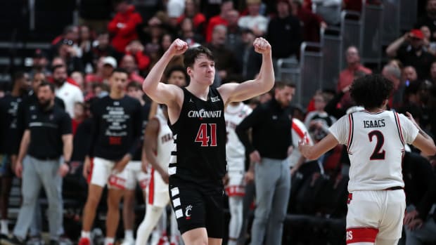 Feb 3, 2024; Lubbock, Texas, USA; Cincinnati Bearcats guard Simas Lukosius (41) reacts after the game against the Texas Tech Red Raiders at United Supermarkets Arena. Mandatory Credit: Michael C. Johnson-USA TODAY Sports