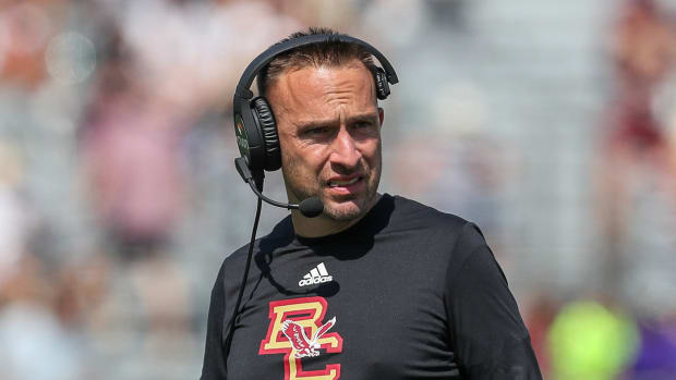 Sep 2, 2023; Chestnut Hill, Massachusetts, USA; Boston College Easgles head coach Jeff Hafley reacts during the second half against the Northern Illinois Huskies at Alumni Stadium.