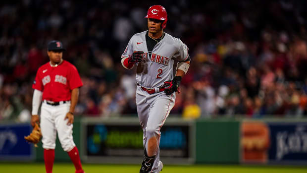 May 30, 2023; Boston, Massachusetts, USA; Cincinnati Reds shortstop Jose Barrero (2) hits a grand slam against the Boston Red Sox in the seventh inning at Fenway Park. Mandatory Credit: David Butler II-USA TODAY Sports 