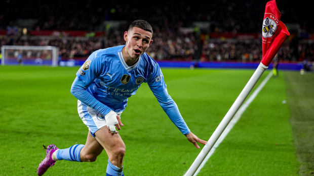 Hat-trick hero Phil Foden pictured celebrating one of his three goals during Manchester City's 3-1 win at Brentford in February 2024