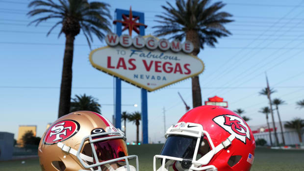 Jan 30, 2024; Las Vegas, NV, USA; San Francisco 49ers and Kansas Chiefs helmets at the Welcome to Fabulous Las Vegas sign. Mandatory Credit: Kirby Lee-USA TODAY Sports  