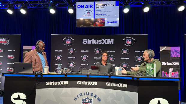 Matthew Coller (right) with Sirius XM Radio at the Super Bowl in Las Vegas.