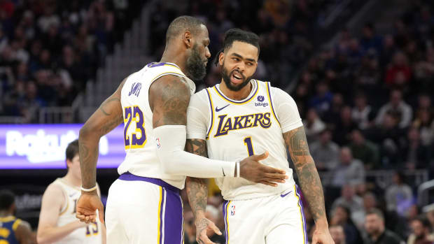 Los Angeles Lakers forward LeBron James and guard D’Angelo Russell.