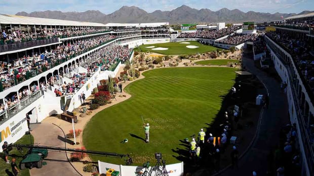 Charley Hoffman plays his tee shot on the 16th hole during the final round of the 2023 WM Phoenix Open at TPC Scottsdale.