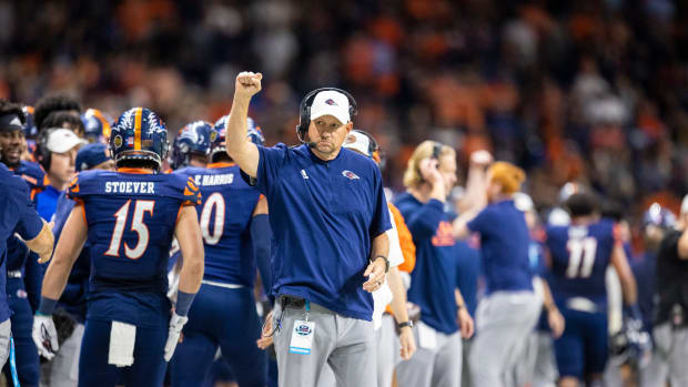Dec 3, 2021; San Antonio, TX, USA; UTSA Roadrunners head coach Jeff Traylor celebrates after his team scored a touchdown against the Western Kentucky Hilltoppers defense during the first quarter of the Conference USA championship game the Alamodome. Mandatory Credit: Ivan Pierre Aguirre-USA TODAY Sports