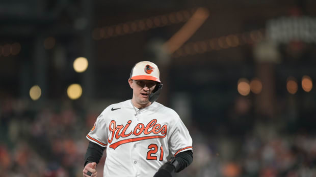 Sep 26, 2023; Baltimore, Maryland, USA; Baltimore Orioles left fielder Austin Hays (21) advances to third base during the second inning against the Washington Nationals at Oriole Park at Camden Yards.