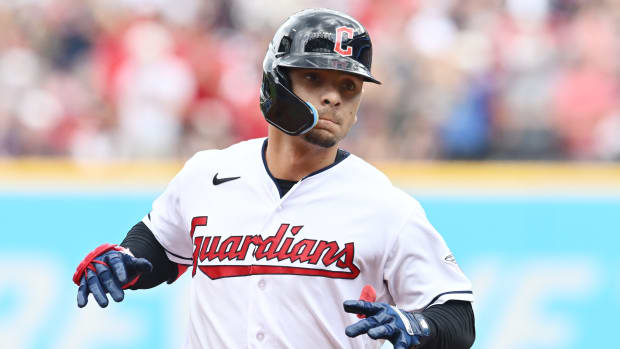Jul 23, 2023; Cleveland, Ohio, USA; Cleveland Guardians second baseman Andres Gimenez (0) rounds the bases after hitting a home run during the second inning against the Philadelphia Phillies at Progressive Field.
