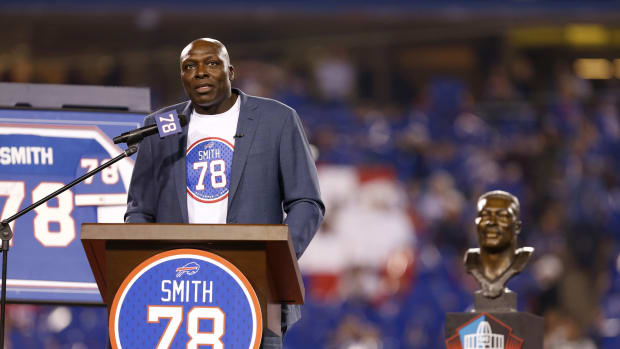 Sep 15, 2016; Orchard Park, NY, USA; Buffalo Bills former player Bruce Smith speaks as his number is retired in a ceremony during halftime against the New York Jets at New Era Field. The Jets beat the Bills 37-31.
