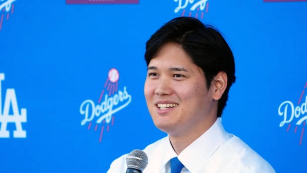 Dec 14, 2023; Los Angeles, CA, USA; Los Angeles Dodgers designated hitter Shohei Ohtani is introduced at a press conference at Dodger Stadium.