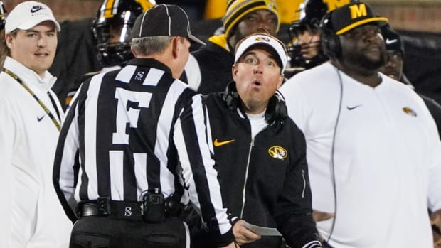 Nov 18, 2023; Columbia, Missouri, USA; Missouri Tigers head coach Eli Drinkwitz reacts to a penalty call during the second half against the Florida Gators at Faurot Field at Memorial Stadium. Mandatory Credit: Denny Medley-USA TODAY Sports