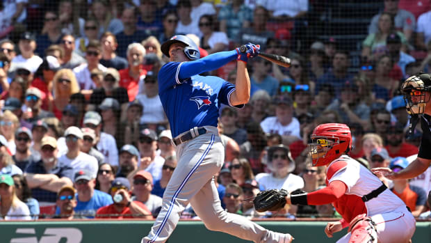 Aug 6, 2023; Boston, Massachusetts, USA; Toronto Blue Jays third baseman Matt Chapman (26) hits an RBI double during the third inning against the Boston Red Sox at Fenway Park.